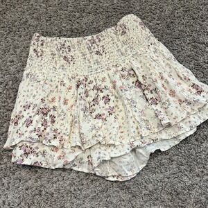 Social Scene Floral Smocked Waist Mini Skort Ruffle high rise Cream Purple y2k L